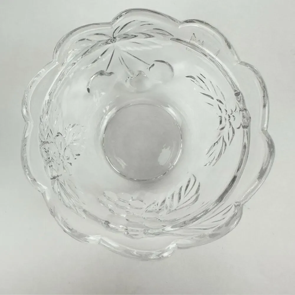 Vintage Clear Glass Candy Dish and Lid w/ Grape Vine /Cherries/Flowers Motif